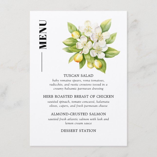 Lemon & Magnolia Floral Citrus Wedding Menükarte (Vorderseite)