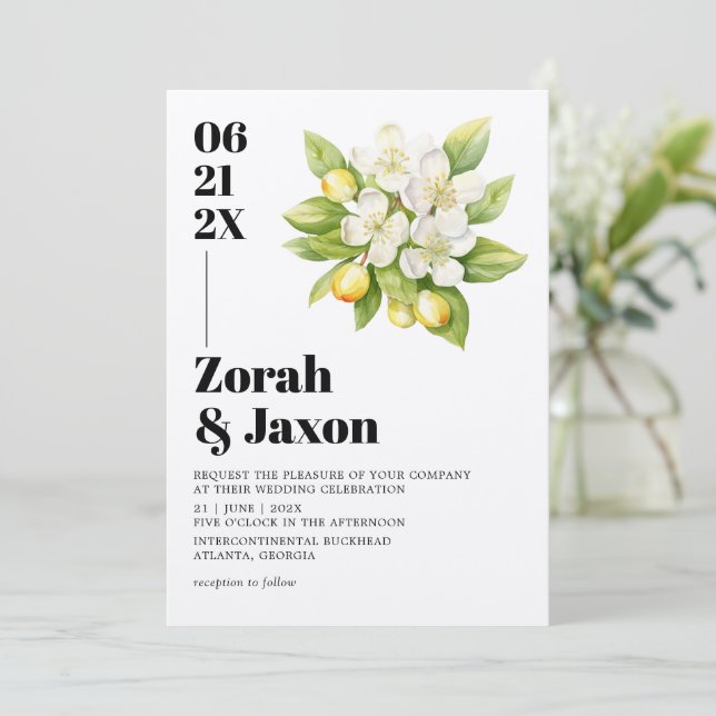 Lemon & Magnolia Floral Yellow Citrus Hochzeit Einladung (Stehend Vorderseite)