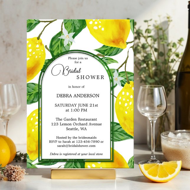 Lemon Main Squeeze Watercolor Brautparty Einladung (Mediterranean bridal shower invite showing watercolor lemon citrus fruits with fresh green leaves)
