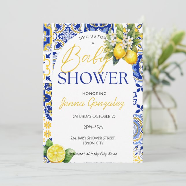Lemon Mediterrane Blue Tiles Baby Dusche Einladung (Stehend Vorderseite)