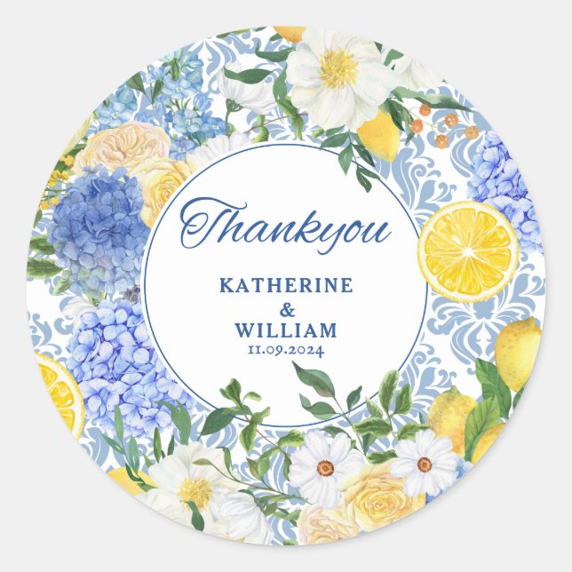 Lemon Mediterrane Tile Blau und Gelb Runder Aufkleber (Vorderseite)