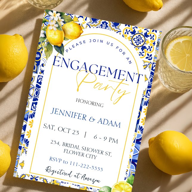 Lemon Mediterranean Blue Tiles Engagement Party Einladung (Lemon Mediterranean Blue Tiles Engagement Party Invitation)