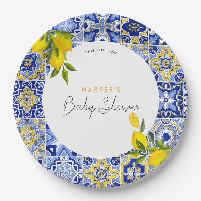 Lemon Mediterranean Boho Arch Baby Dusche Pappteller (Vorderseite)