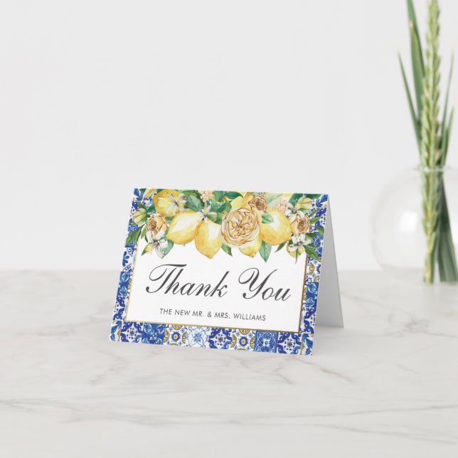 Lemon Mediterranean Mosaic Tiles Wedding Bridal Dankeskarte (Vorderseite)