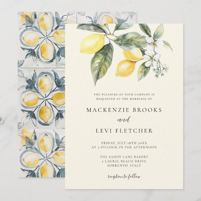 Lemon Mediterranean Tiles Butter Yellow Wedding Einladung (Vorne/Hinten)