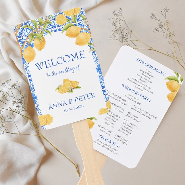 Lemon Mediterranean Tiles Italy Wedding Program Fächer (Wedding Program Lemon Mediterranean Tiles Hand Fan )