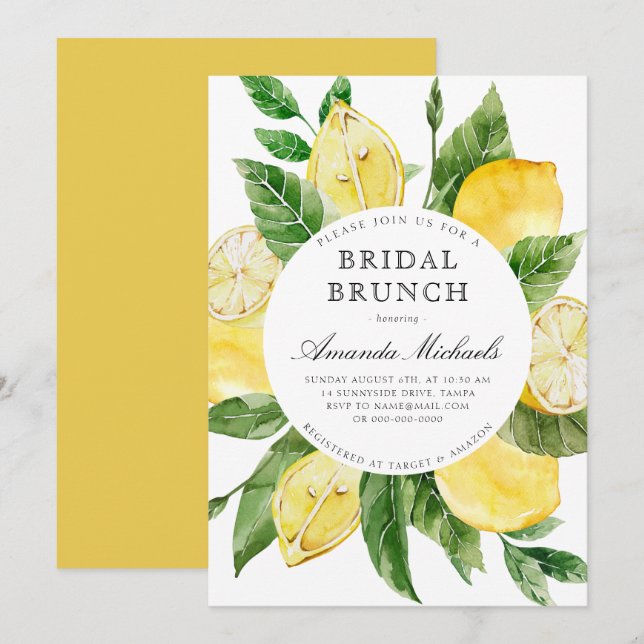 Lemon Mediterranean Yellow Bridal Brunch Dusche Einladung (Vorne/Hinten)
