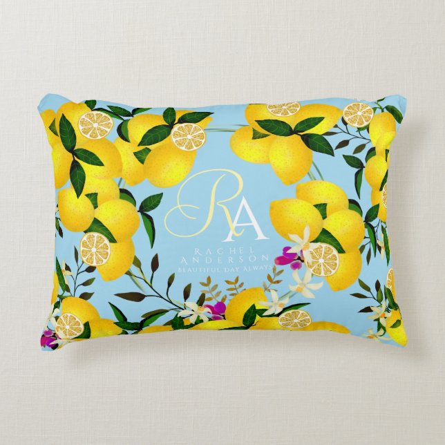 Lemon Monogram Blue Dekokissen (Vorderseite)
