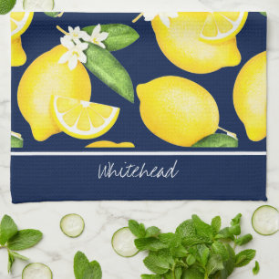 Lemon Monogram Botanic Pattern Navy Blue Geschirrtuch