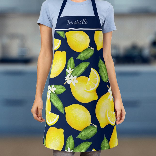 Lemon Monogram Botanic Pattern Navy Blue Schürze (Von Creator hochgeladen)
