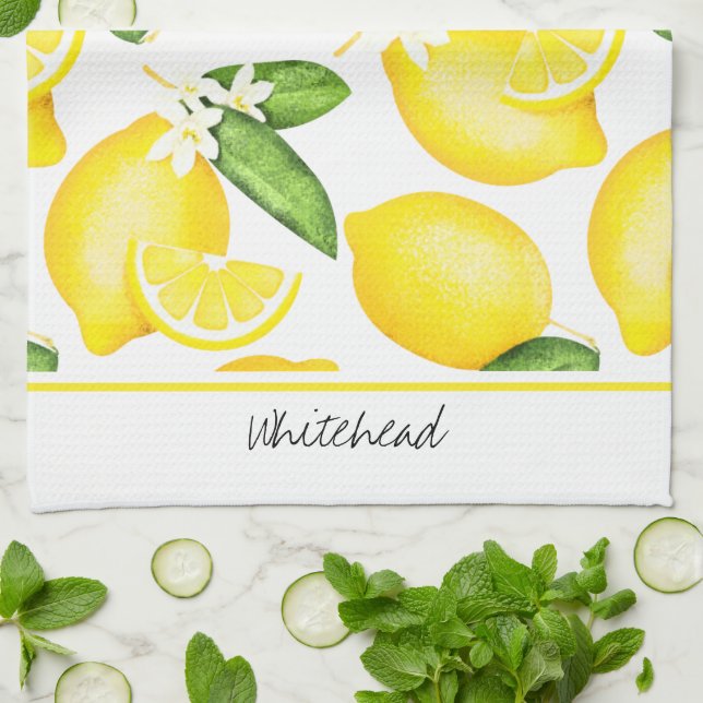 Lemon Monogram Botanisches Muster Geschirrtuch (Gefaltet)