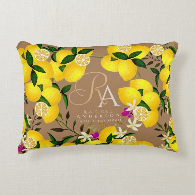 Lemon Monogram Brown Dekokissen (Vorderseite)