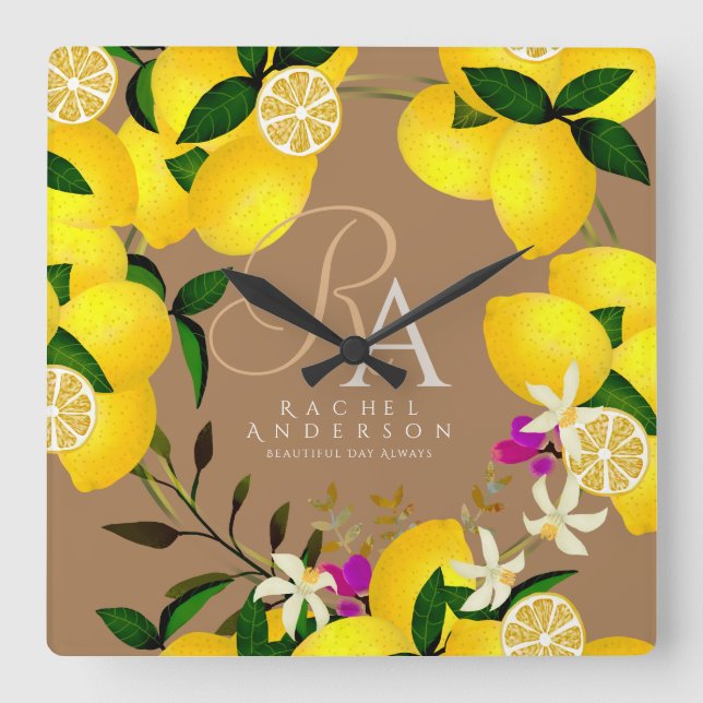 Lemon Monogram Brown Quadratische Wanduhr (Vorderseite)