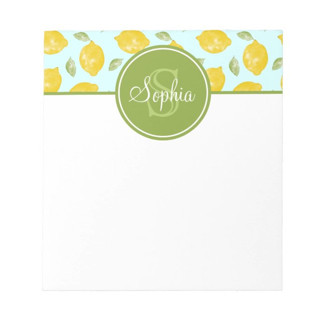 Lemon Muster Gelb Grün und Blau Monogramm Notizblock (Vorderseite)