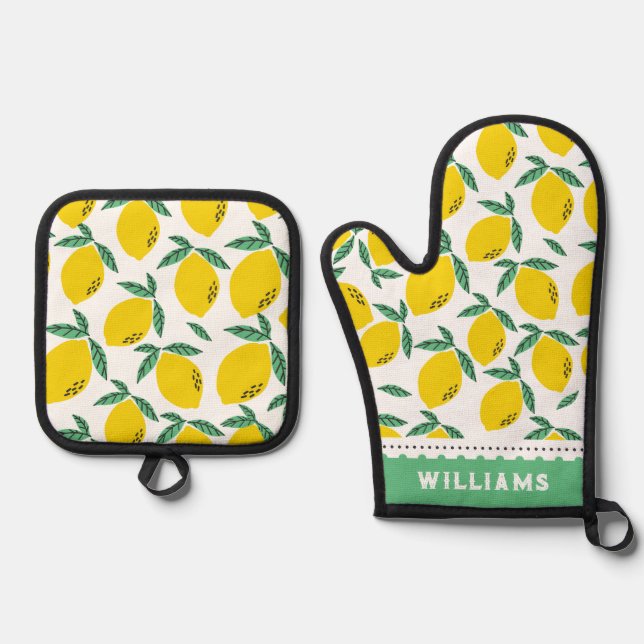 Lemon Muster Mit Monogramm Ofenhandschuh & Topflappen-Set (Vorderseite)