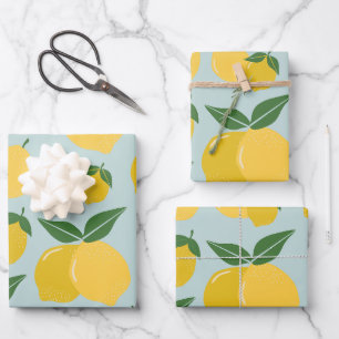 Lemon Muster Retro Frucht gelb auf grün Geschenkpapier Set