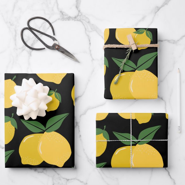 Lemon Muster Retro Frucht gelb auf schwarz Geschenkpapier Set (Vorderseite)