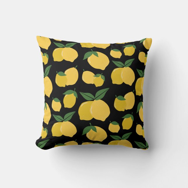 Lemon Muster Retro Frucht gelb auf schwarz Kissen (Vorderseite)