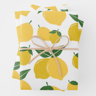Lemon Muster Retro Frucht gelb auf weiß Geschenkpapier Set
