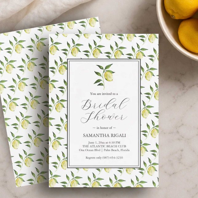 Lemon Pattern Bridal Shower Invitations Einladung (Lemon bridal shower invitations designed with hand painted art by Florida watercolor artist Victoria)