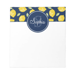 Lemon Pattern Navy Blue Yellow Monogram Notizblock