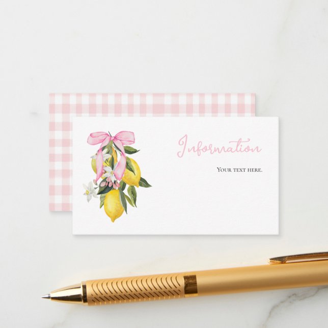 Lemon Pink Bow Coquette Babydusche Informationen Begleitkarte (Vorderseite/Rückseite Beispiel)
