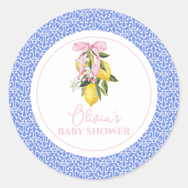 Lemon Pink Bow La Dolce Vita Baby Dusche Runder Aufkleber (Vorderseite)