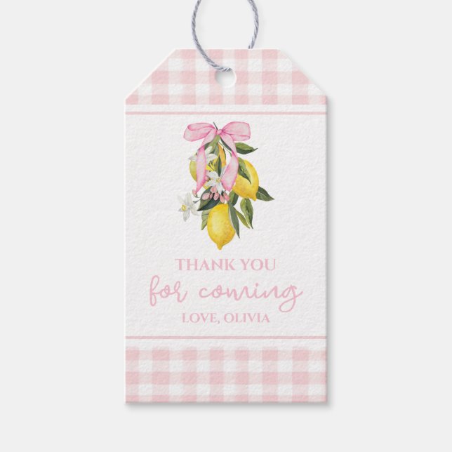 Lemon Pink Bow Preppy Baby Dusche Geschenkanhänger (Vorderseite)