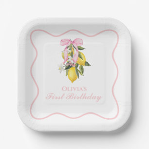 Lemon Pink Bow Preppy Coquette 1. Geburtstag Pappteller