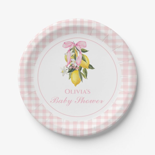 Lemon Pink Bow Preppy Coquette Babydusche Pappteller (Vorderseite)