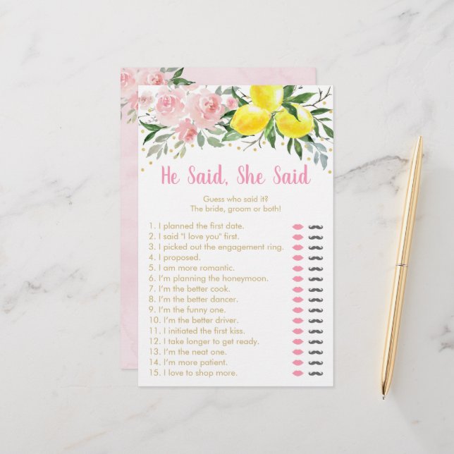 Lemon Pink Floral Er sagte, sie sagte Bridal Spiel (Vorderseite/Rückseite Beispiel)
