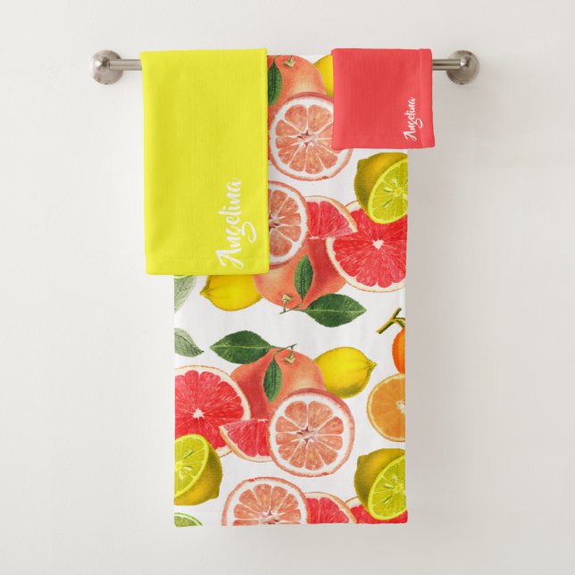 Lemon pink yellow citrus Pattern name Badhandtuch Set (Insitu)