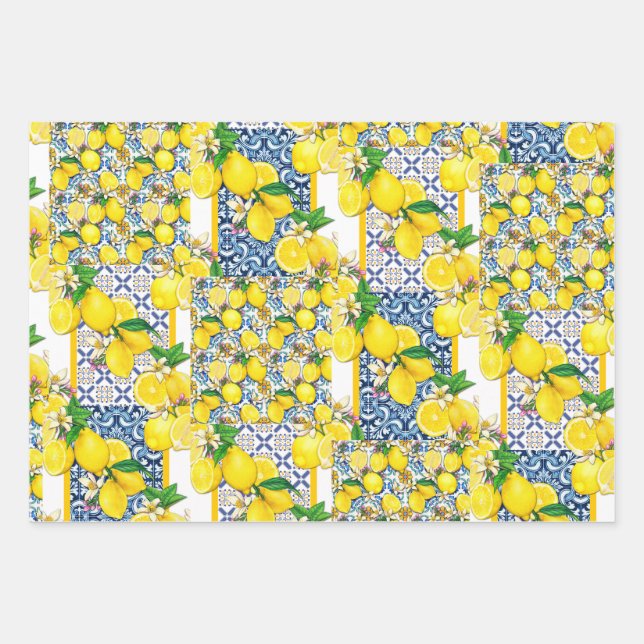 Lemon Portugiesisch Azulejo Mittelmeer Santorini Geschenkpapier Set (Vorderseite)