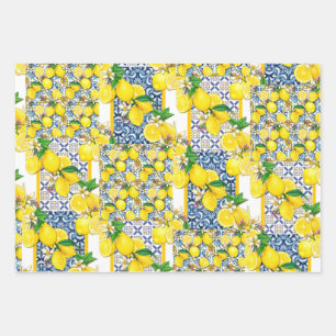 Lemon Portugiesisch Azulejo Mittelmeer Santorini Geschenkpapier Set