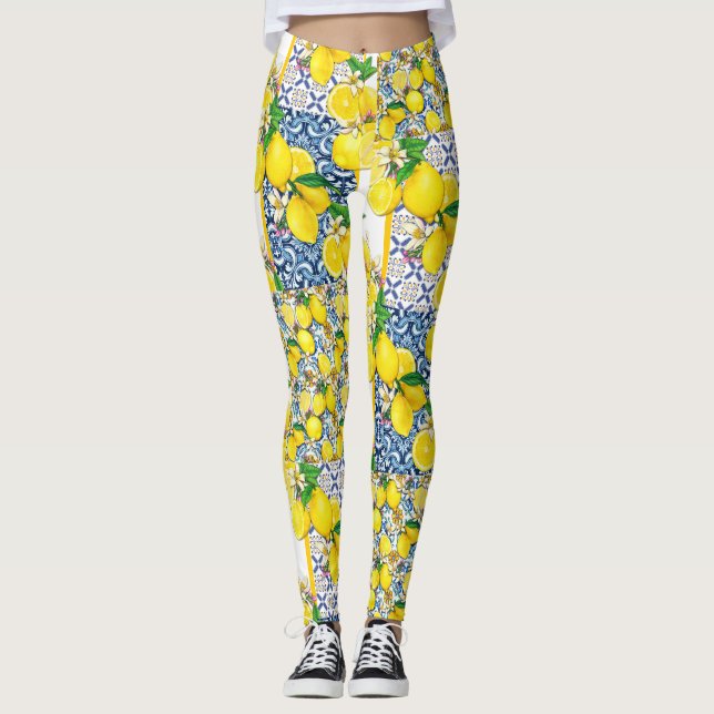 Lemon Portugiesisch Azulejo Mittelmeer Santorini Leggings (Vorderseite)