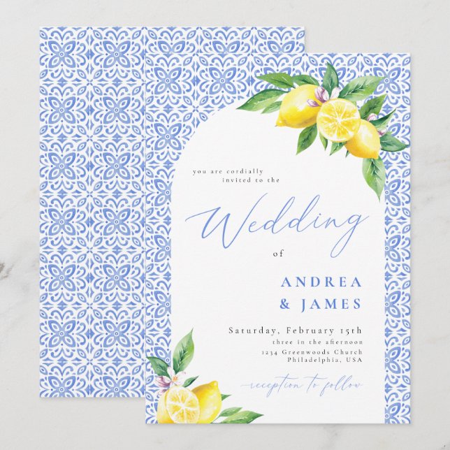 Lemon Positano Italian Blue Tile Wedding Einladung (Vorne/Hinten)