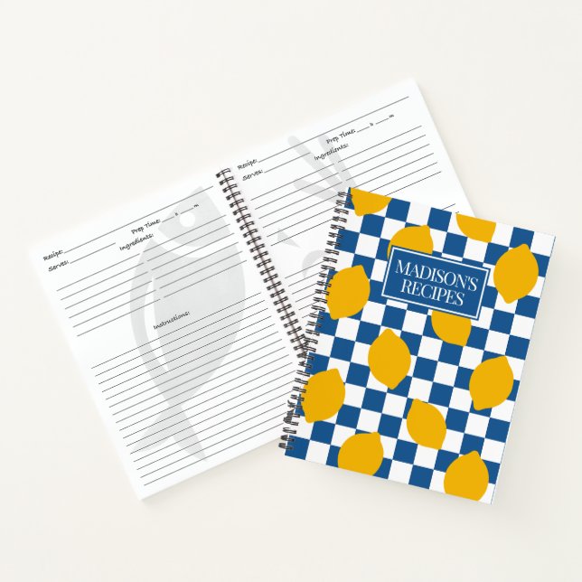 Lemon Rustic Farmhouse Blue & White Check Recipe Notizbuch (Innenseite)