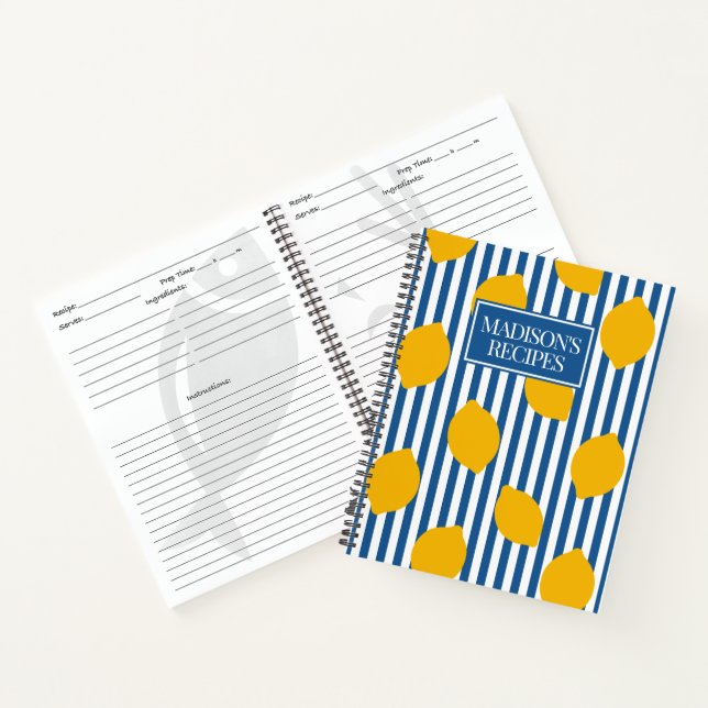 Lemon Rustic Farmhouse Blue & White Stripe Recipe Notizbuch (Innenseite)