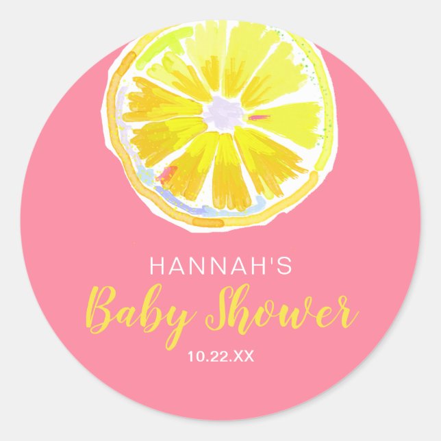 Lemon Slice Watercolor Pink Babydusche Runder Aufkleber (Vorderseite)