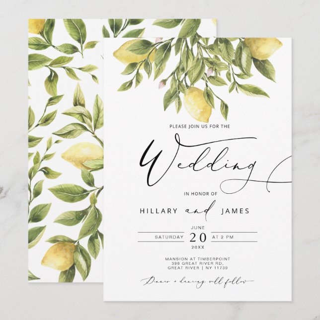 Lemon Sorrento Amalfi Coast Calligrafy Wedding Einladung (Vorne/Hinten)