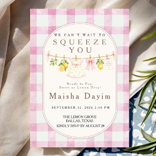 Lemon Squeeze Pink Gingham Mädchen Baby Shower Einladung