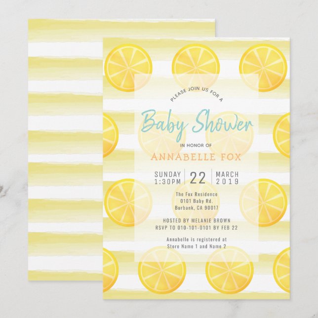 Lemon & Stripes Aquarell Kinderdusche Einladung (Vorne/Hinten)