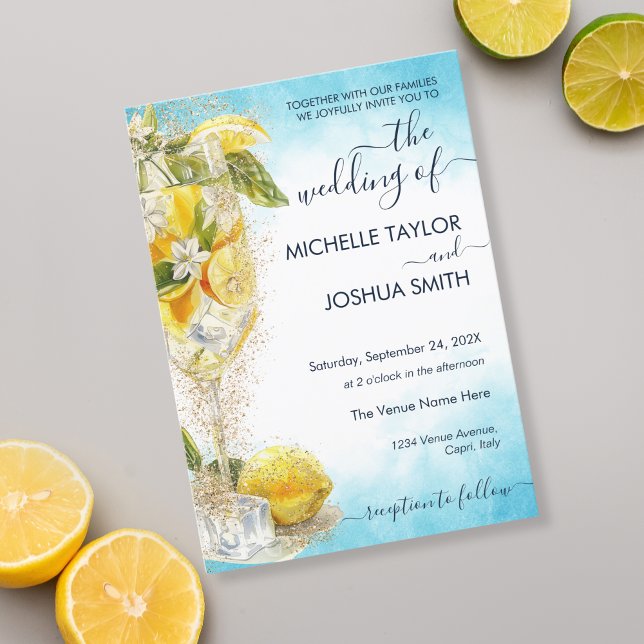 Lemon Summer Cocktail Italien Hochzeit in Urlaubso Einladung (blue and yellow watercolor limoncello)