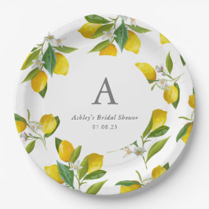 Lemon-thematisches Monogramm-Initial-Brautparty Pappteller