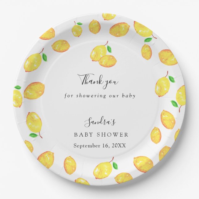 Lemon Theme Baby Shower Citrus Modern Script Pappteller (Vorderseite)