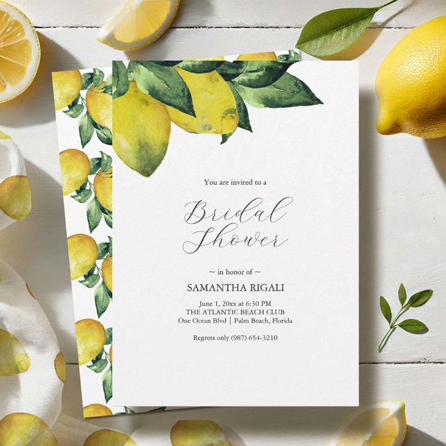 Lemon Theme Bridal Dusche Einladungen Drucken (Lemon themed bridal shower invitations designed by Victoria Grigaliunas watercolor artist.)