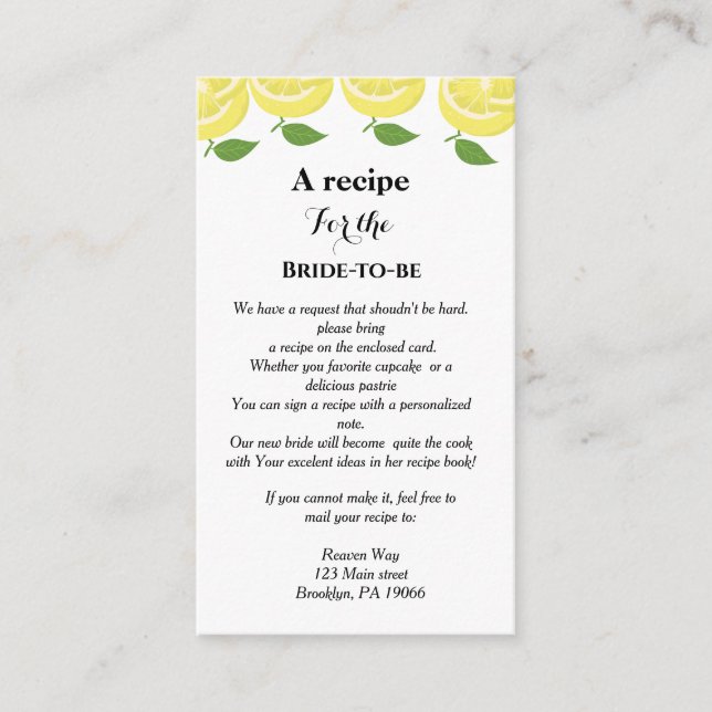 Lemon Theme Recipe Anfrage Brautparty Begleitkarte (Vorderseite)