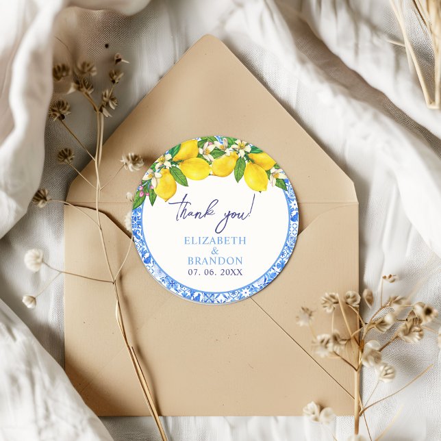 Lemon-Themed Mediterranean Tiles Wedding Runder Aufkleber (Von Creator hochgeladen)