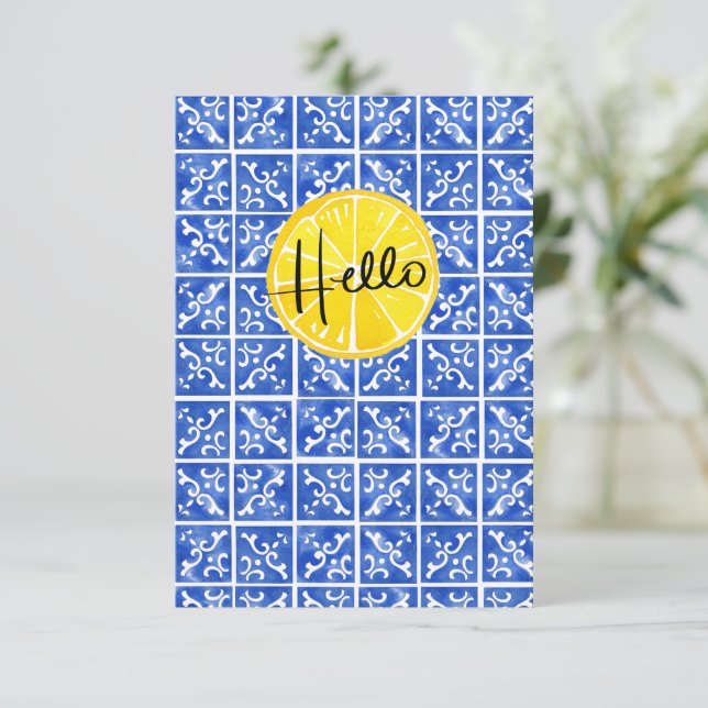 Lemon & Tile "Hello" Flachgrusskarte Dankeskarte (Stehend Vorderseite)