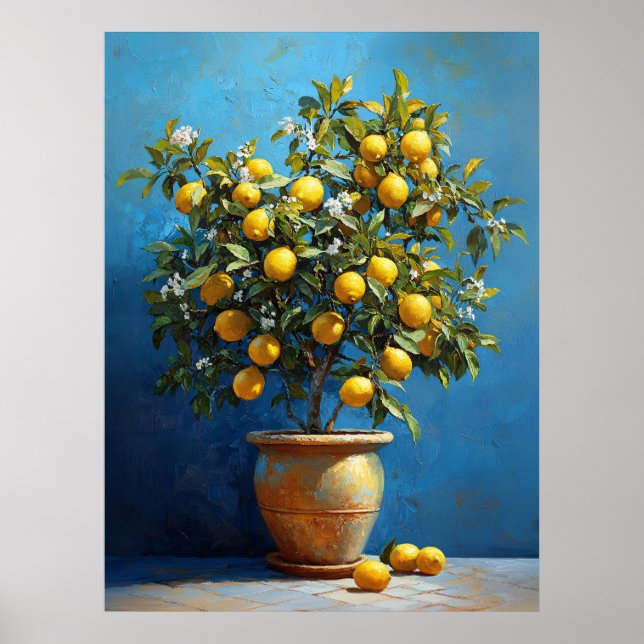 Lemon Tree in Clay Pot with Blossoms Poster (Vorne)